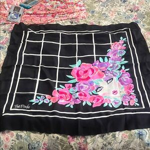 Bob Mackie Black Silk Scarf with Floral Design vintage